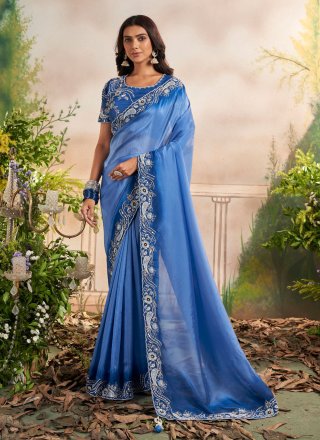 Buy Lovely Navy Blue Georgette and Net Embroidered Wedding Saree With  Banglori Silk Blouse at best price - Gitanjali Fashions