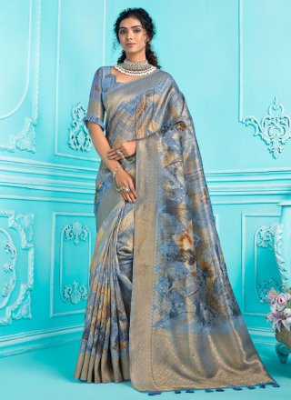 Blue Organza Trendy Saree with Digital Print Work