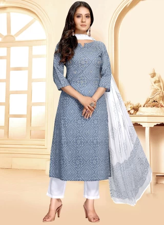 Blue Printed Cotton Long Length Salwar Kameez