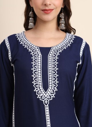 Blue Rayon Designer Kurti with Embroidered Work