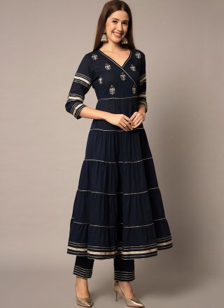Blue Rayon Readymade Salwar Suit with Embroidered Work for Festival