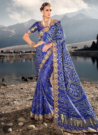 blue satin bandhej cut dana embroidered mirror and moti work trendy saree for party 272716