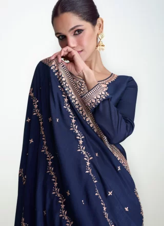 Blue Silk Embroidered and Resham Work Salwar Suit