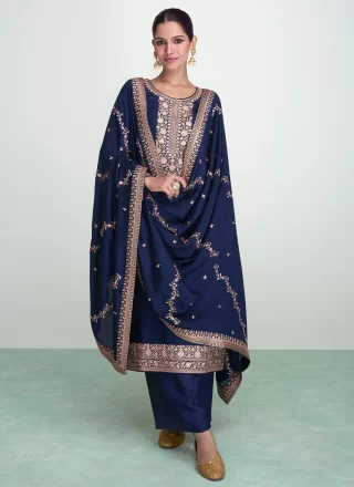 Blue Silk Embroidered and Resham Work Salwar Suit