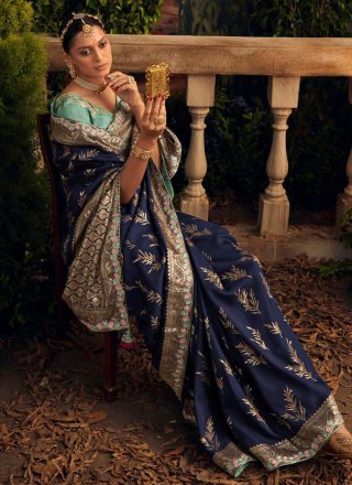 Blue Silk Embroidered and Weaving Work Classic Saree