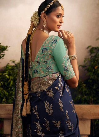 Blue Silk Embroidered and Weaving Work Classic Saree