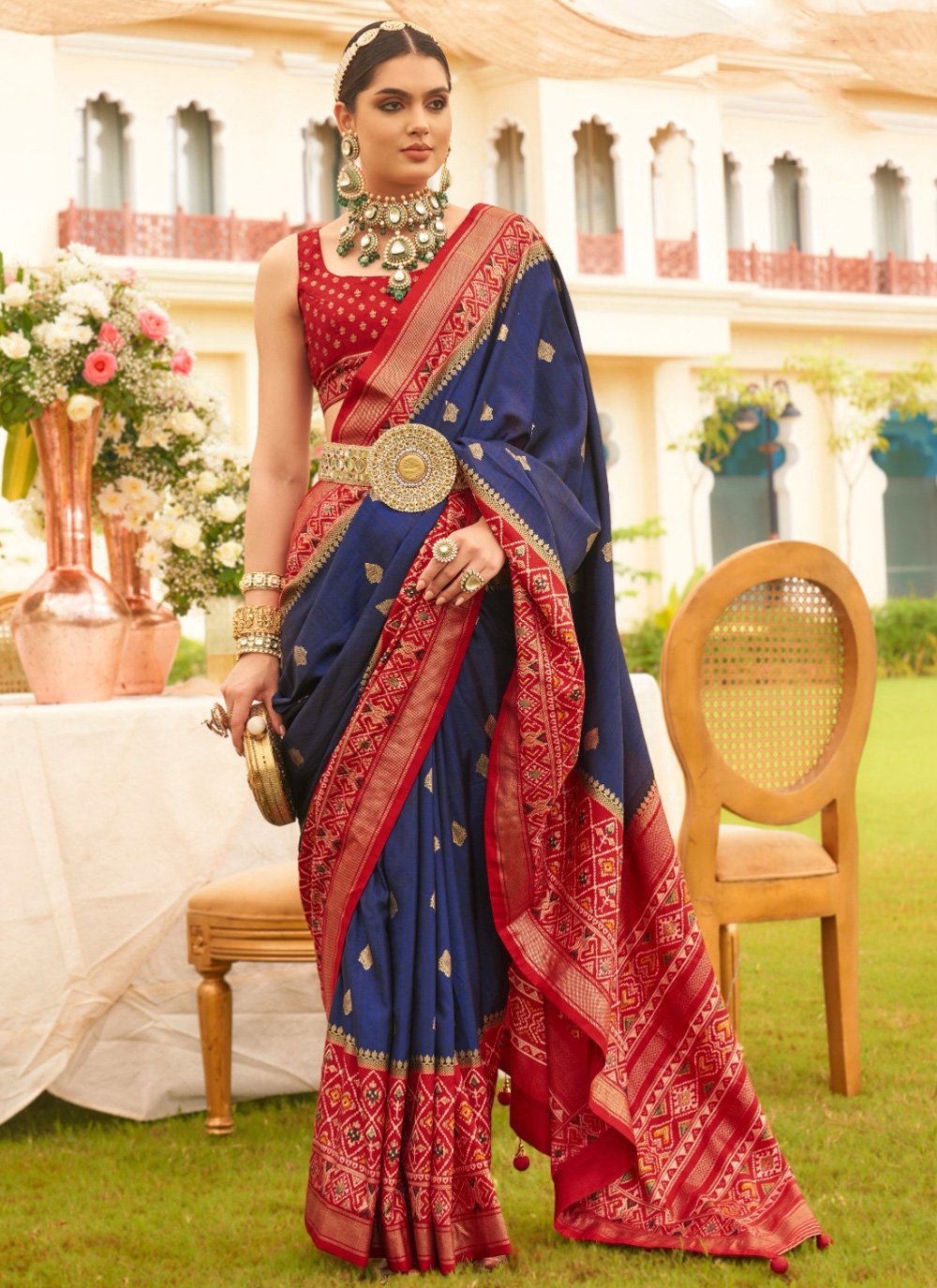 Buy Blue & Red - Soft Silk Saree with zari woven floral motifs on the body  & Contrast Border online | Soft Silk from ShrusEternity