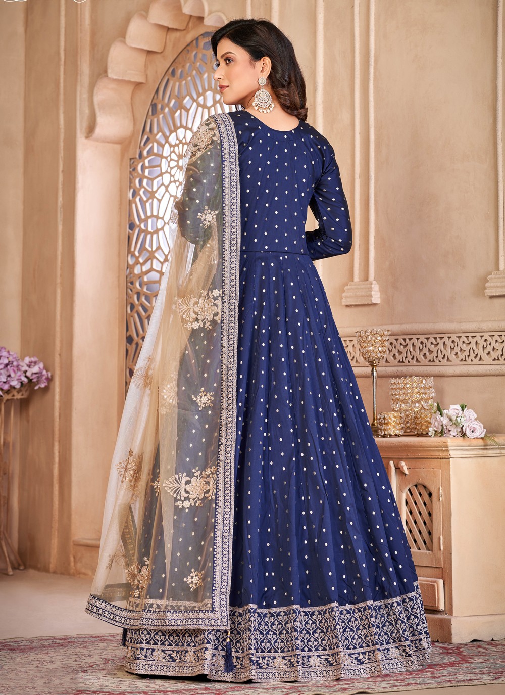 Blue Tafeta Silk Wedding Anarkali Salwar Kameez
