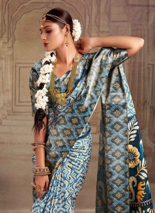 Blue Tussar Silk Print Work Contemporary Sari for Casual