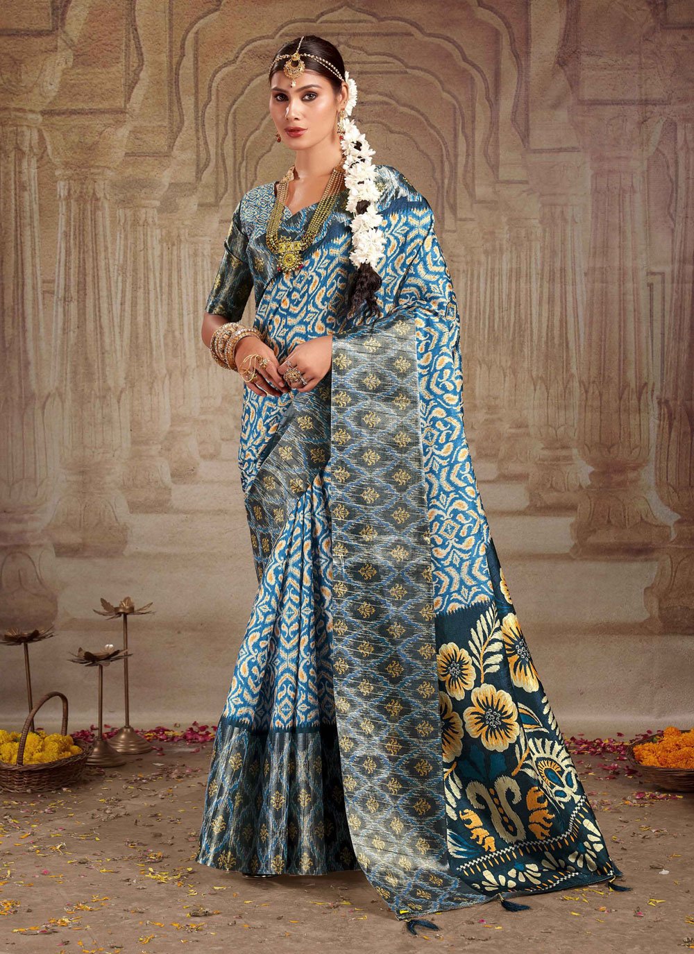 Black and Blue Tussar Silk Saree with Prints – ZIVA CLOTHING