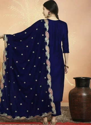 Blue Velvet Embroidered and Resham Work Trendy Suit for Women
