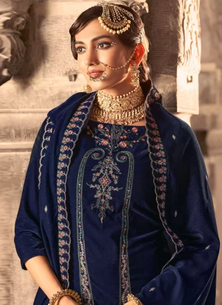 Blue Velvet Embroidered, Resham and Zari Work Salwar Suit