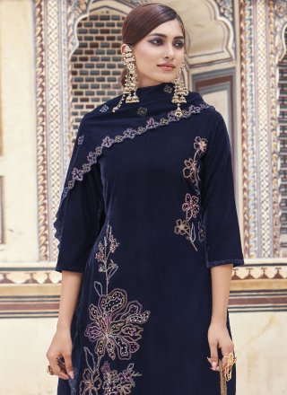 Blue Velvet Embroidered, Sequins and Zari Work Salwar Suit