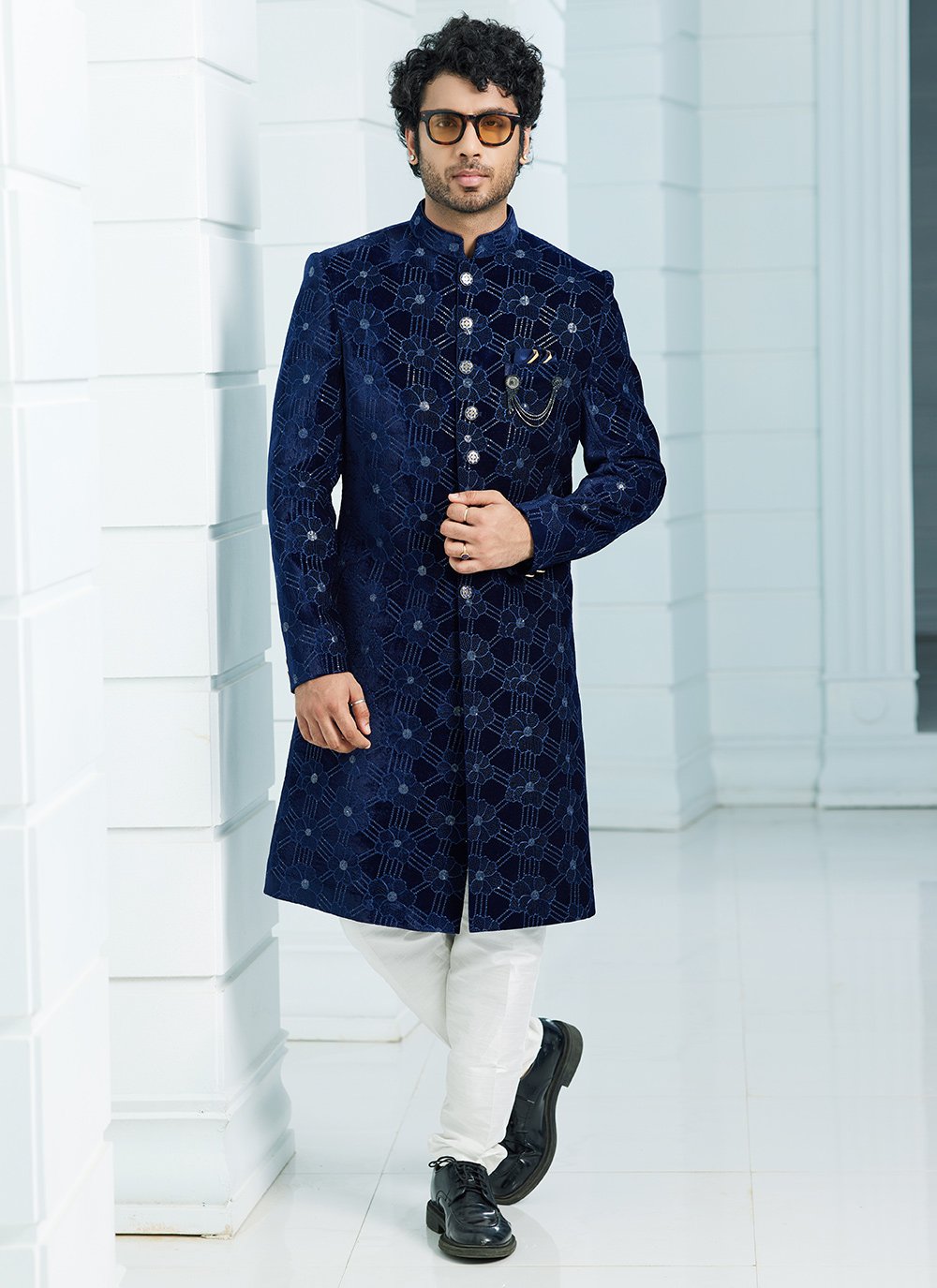 Blue velvet 2024 sherwani designs