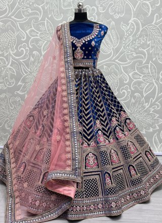 Blue Velvet Lehenga Choli with Dori, Embroidered and Thread Work