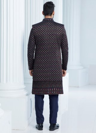 Blue Velvet Machine Embroidery and Thread Work Indo Western Sherwani