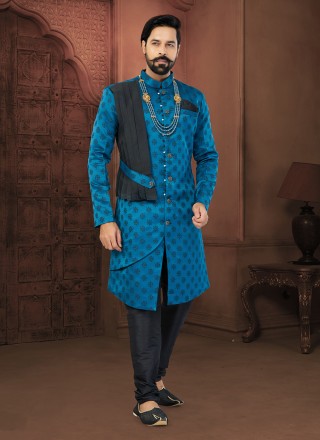 Blue Wedding Jacquard Indo Western Sherwani
