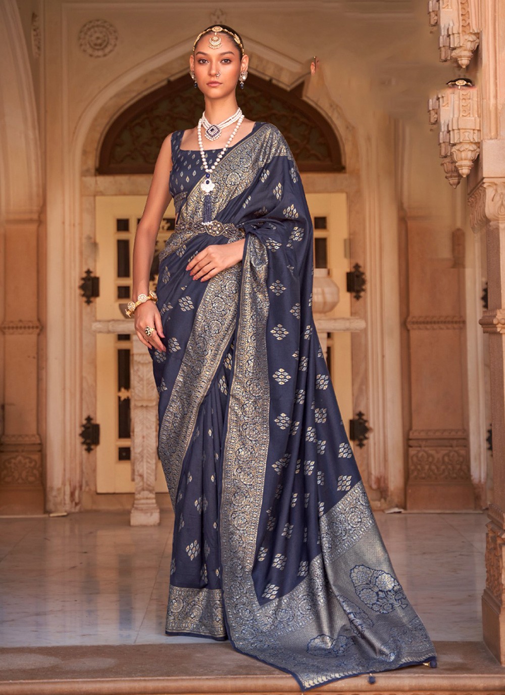 Blue Woven Banarasi Silk Classic Saree