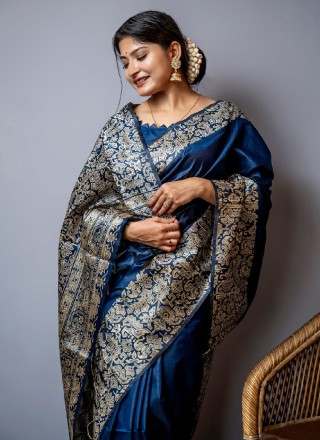 Blue Woven Raw Silk Trendy Saree