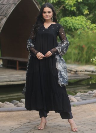Booti Work Faux Georgette Readymade Salwar Suit In Black