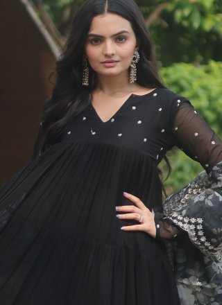 Booti Work Faux Georgette Readymade Salwar Suit In Black