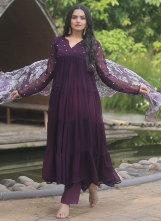 Booti Work Faux Georgette Salwar Suit In Purple