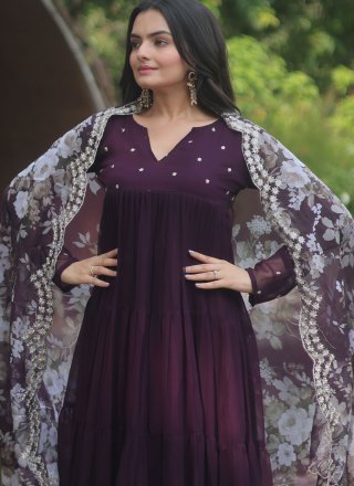 Booti Work Faux Georgette Salwar Suit In Purple