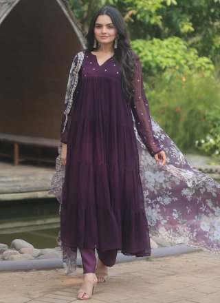 Booti Work Faux Georgette Salwar Suit In Purple