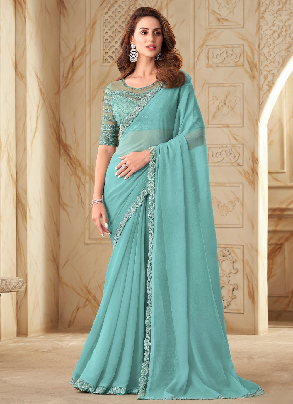 border georgette aqua blue designer saree 252055