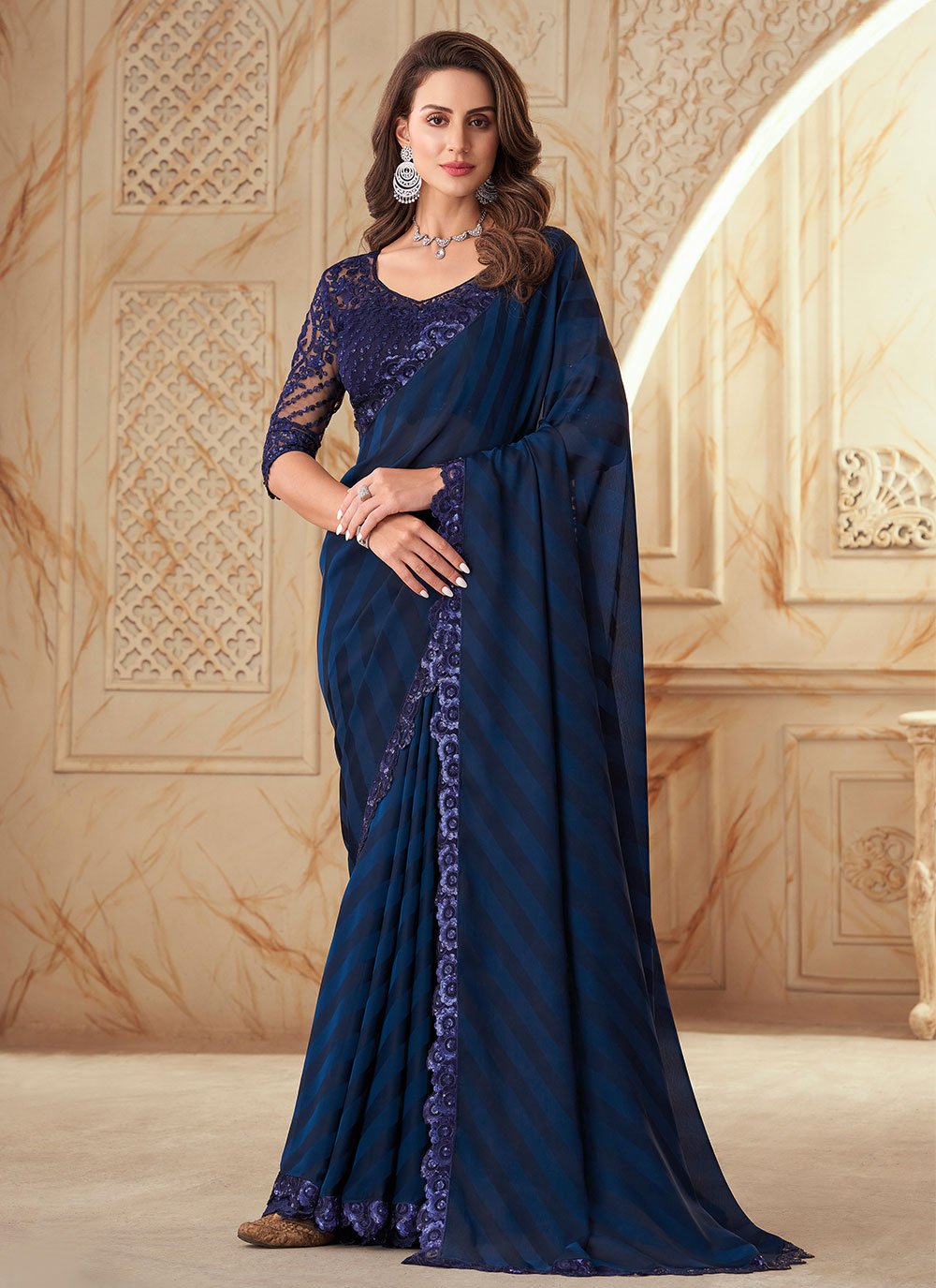 Buy Online Border Navy Blue Contemporary Saree 252056