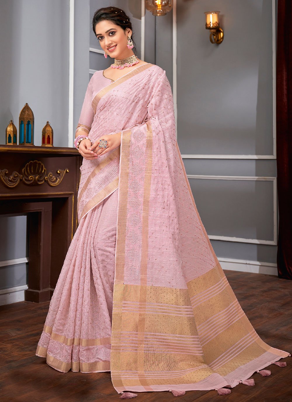 Buy Blush Pink thread Work Ethnic Saree Online
