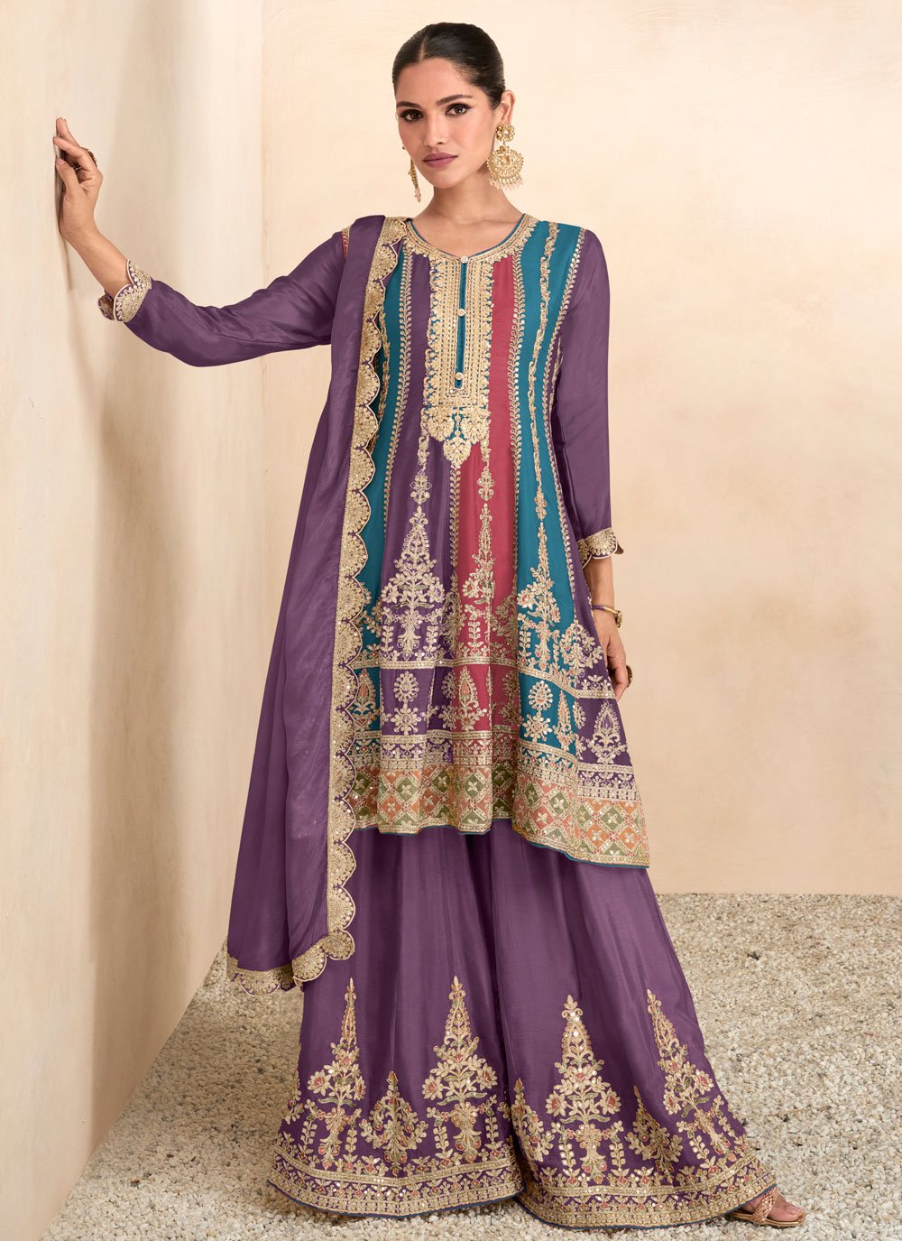 Breathtaking Multi Colour Chinon Palazzo Salwar Suit with Embroidered, Resham and Zari Work