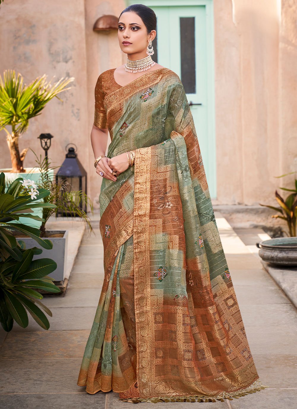 Brown and Green Trendy Saree