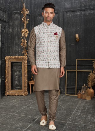 Brown and Off White Ceremonial Cotton Kurta Payjama With Jacket