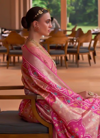 Brown and Pink Patola Silk  Trendy Saree