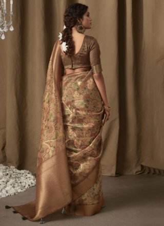 Brown Banarasi Jacquard Classic Sari with Digital Print Work for Ceremonial