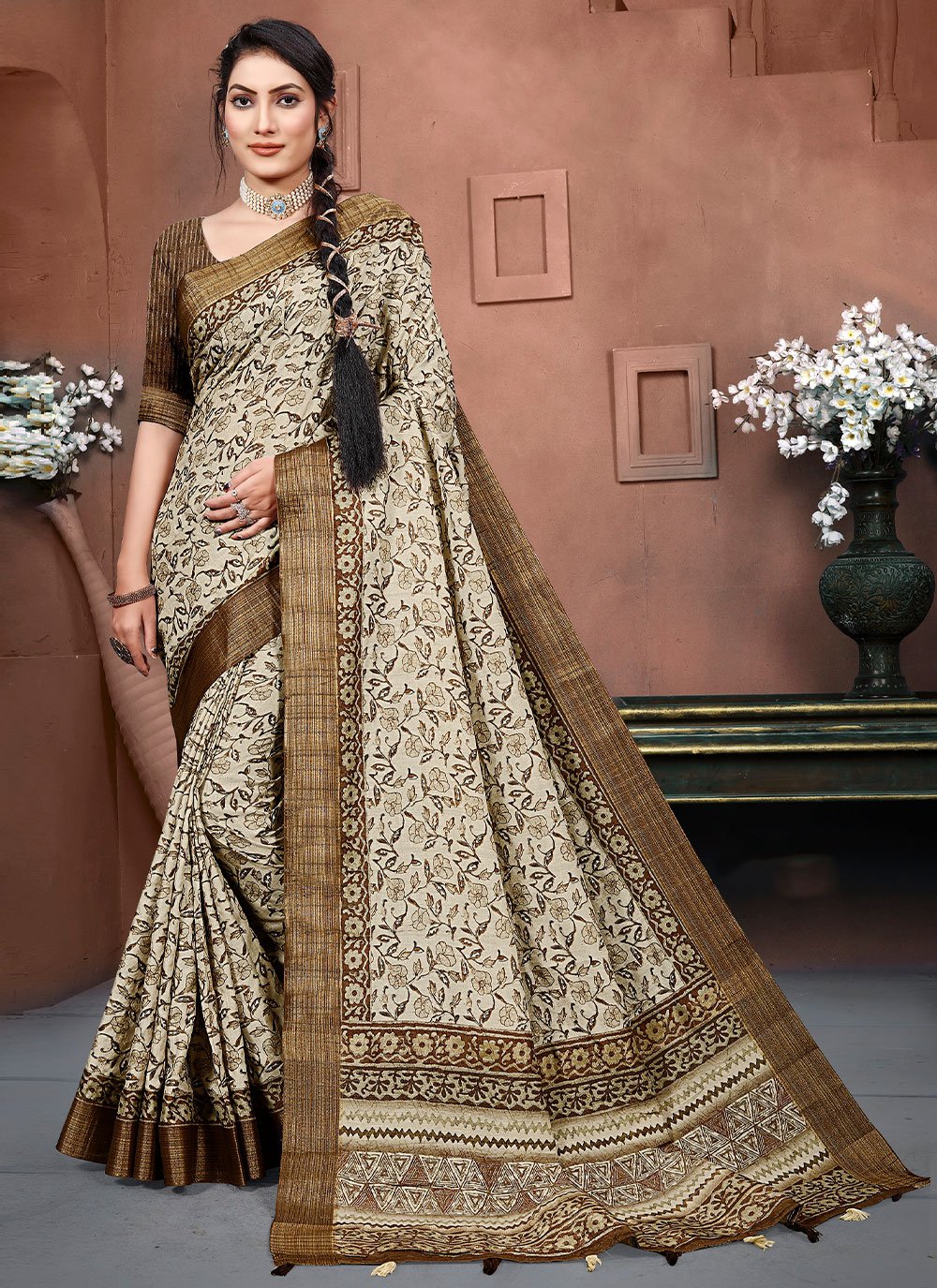Brown Banarasi Silk Mehndi Contemporary Style Saree