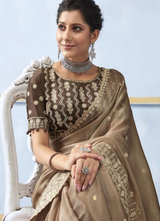 Brown Chiffon Embroidered Work Trendy Saree for Ceremonial