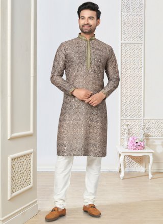 Brown Cotton Digital Print Work Kurta Pyjama