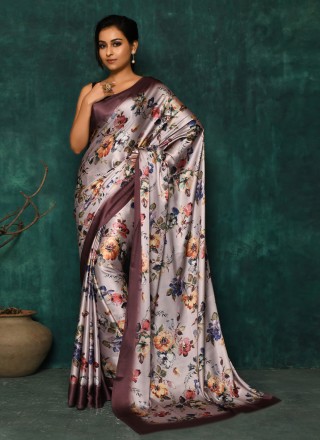 Brown Digital Print Satin Classic Designer Saree