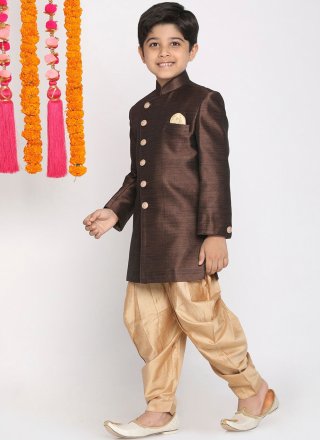Brown Dupion Silk Dhoti Kurta with Buttons Work for Kid