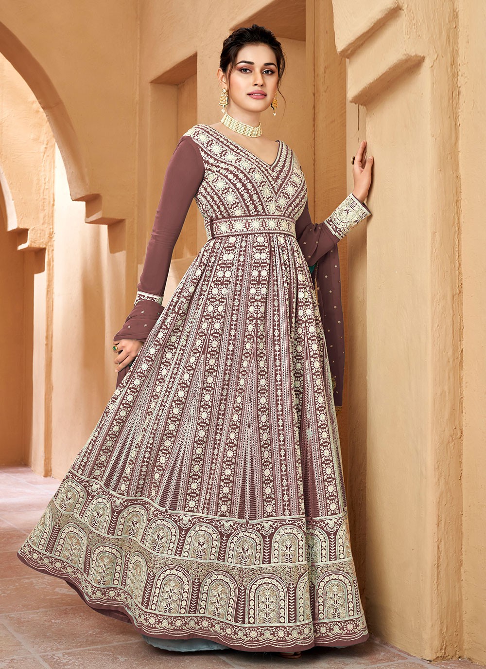 Brown Embroidered Georgette Trendy Gown