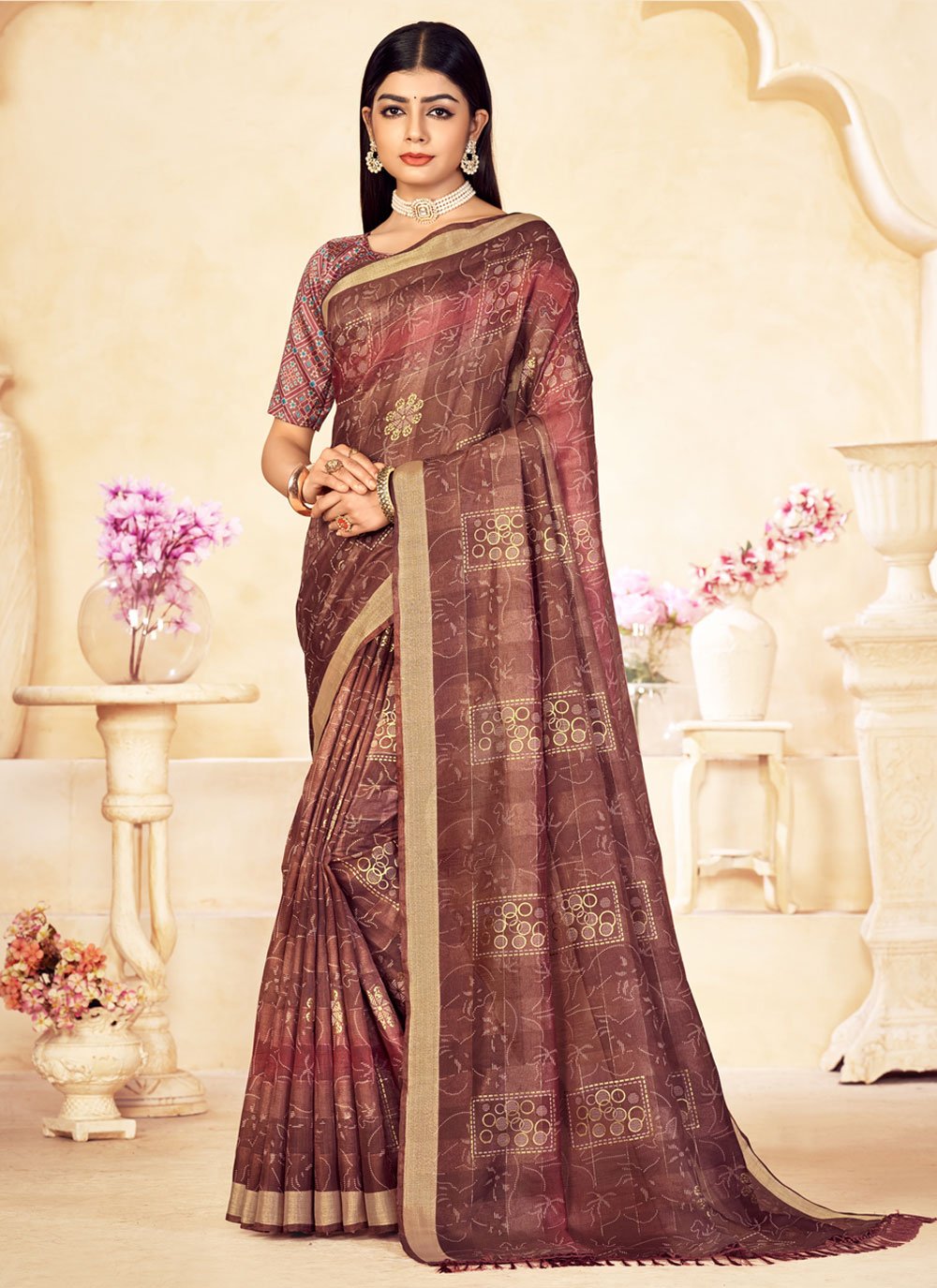 Brown crepe silk saree with blouse 21015