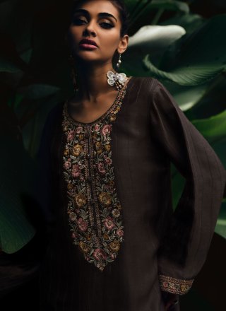 Brown Muslin Embroidered Work Pakistani Salwar Suit