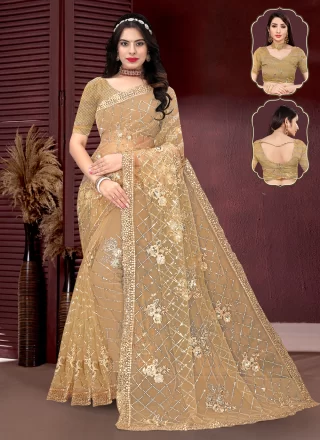 Brown Net Contemporary Sari with Embroidered and Sequins Work