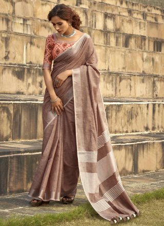 Brown Linen Print Work Classic Saree for Festival