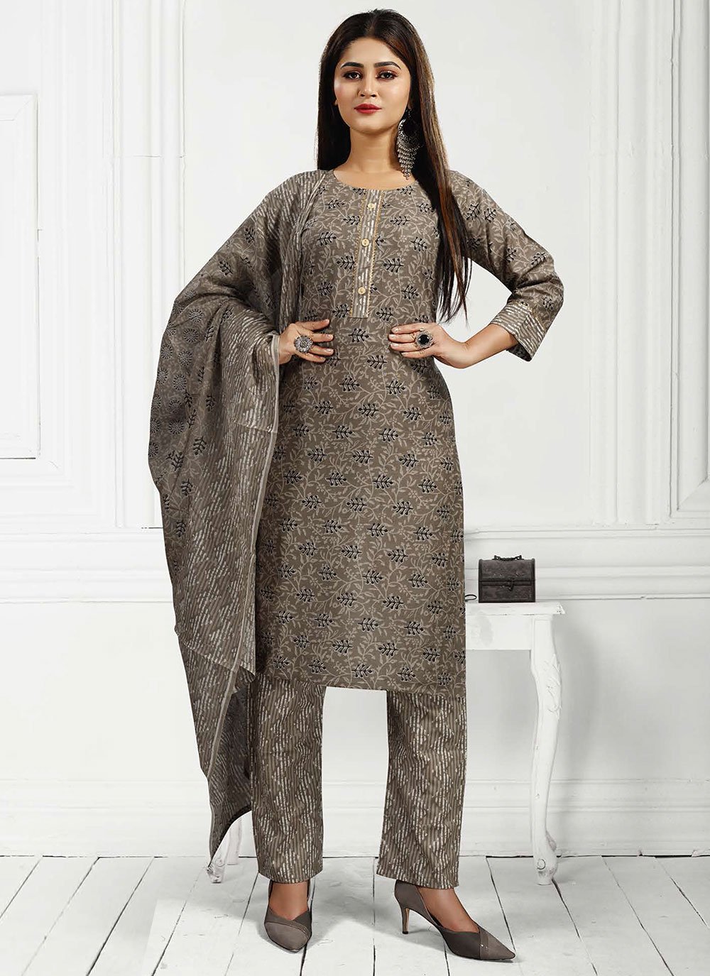 Brown Printed Readymade Salwar Suit