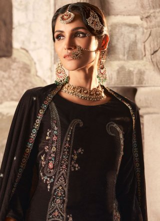 Brown Velvet Trendy Suit with Embroidered, Resham and Zari Work for Festival