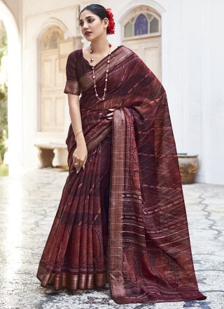 Burgundy Embellished Satin Silk Chiffon Saree