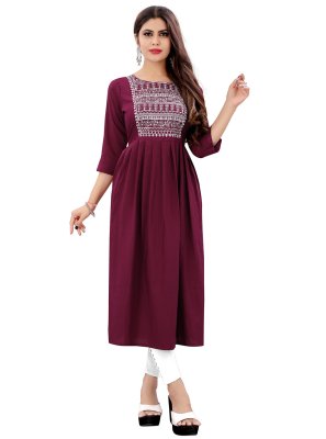 Burgundy Rayon Embroidered Designer Kurti